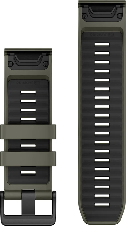 Zwei olivgrüne Uhrenarmbänder aus Gummi, eines mit Schnalle, das andere länger.