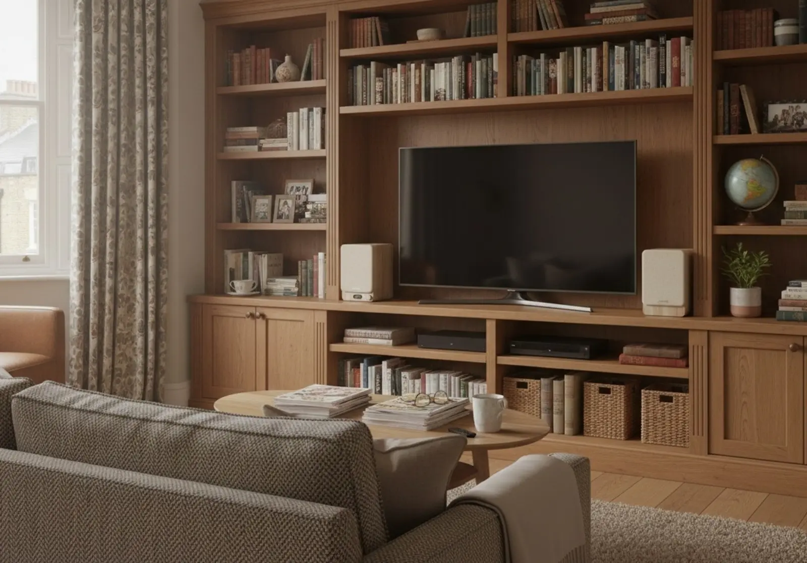 Ein Wohnzimmer mit Holzeinbauten, Fernseher, Sofa und Couchtisch.