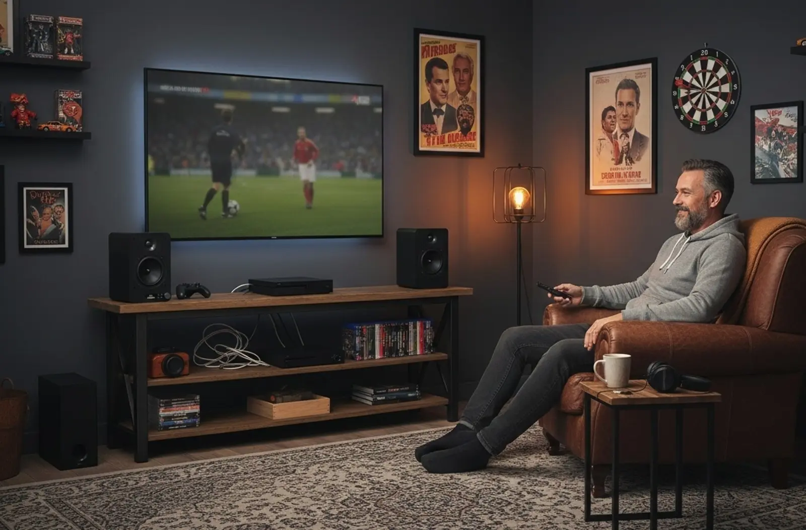 Mann sitzt in braunem Sessel und schaut Fußball auf dem Fernseher.