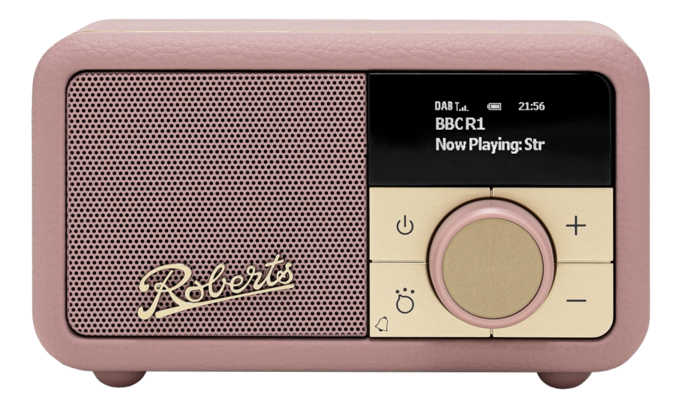 Une radio Roberts rose avec un écran noir affichant BBC R1.