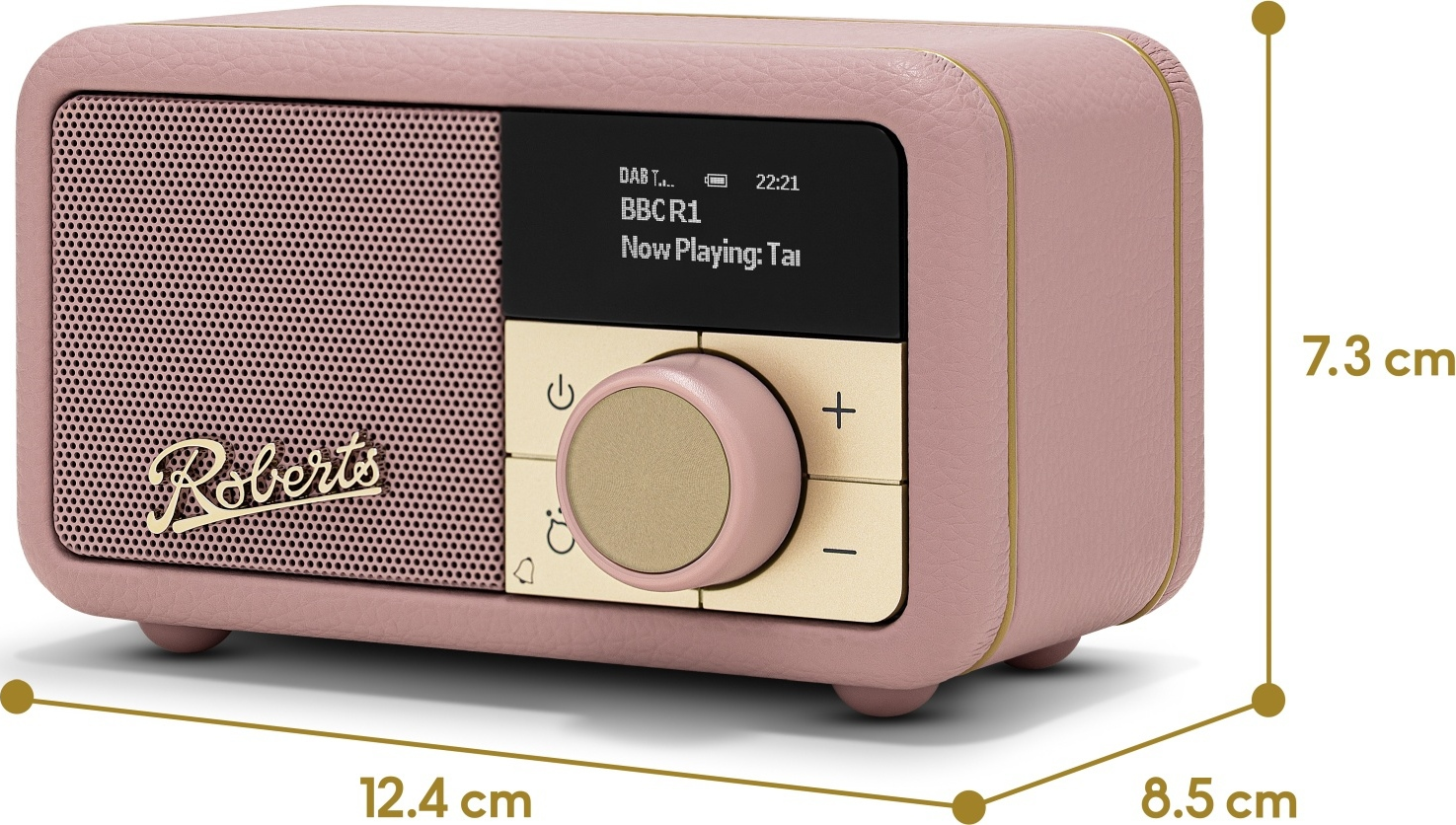 Une radio Roberts rose avec garniture dorée et boutons de commande. Dimensions indiquées.