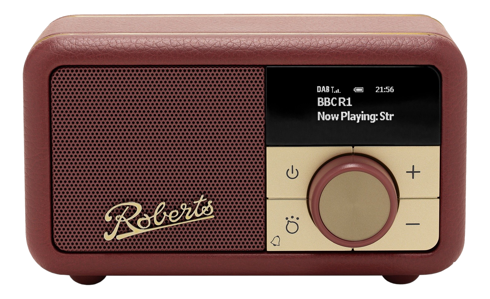 Une radio Roberts bordeaux avec des accents dorés et un écran LCD.