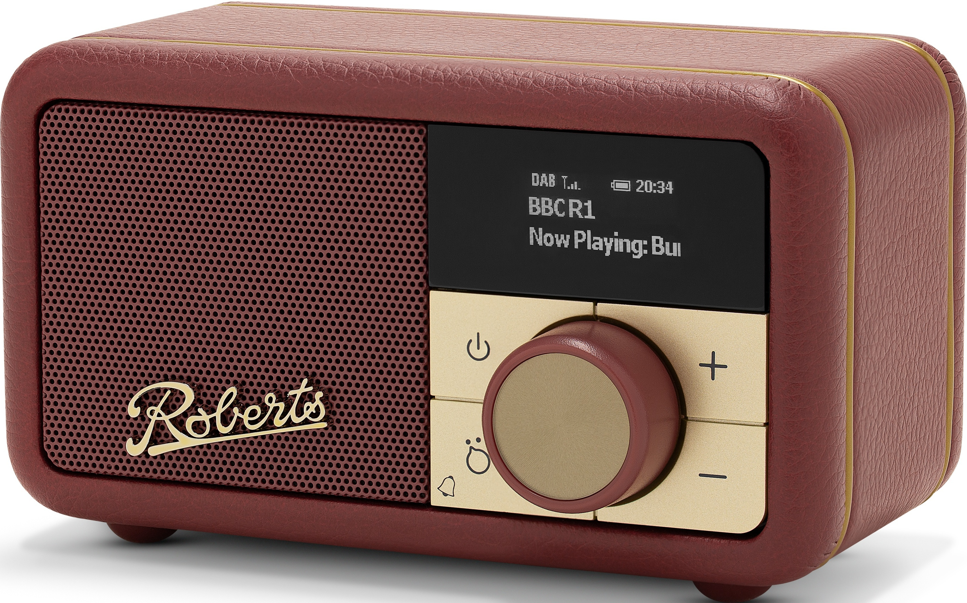 Une radio bordeaux avec bordure dorée, grille de haut-parleur et écran.