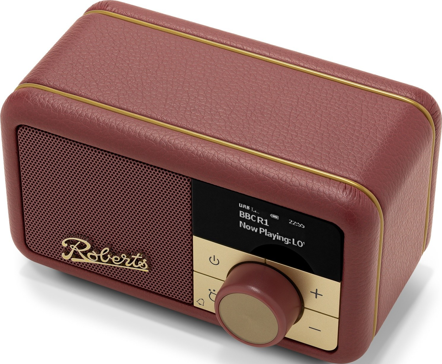Une radio bordeaux en similicuir avec garniture dorée, haut-parleur et écran.