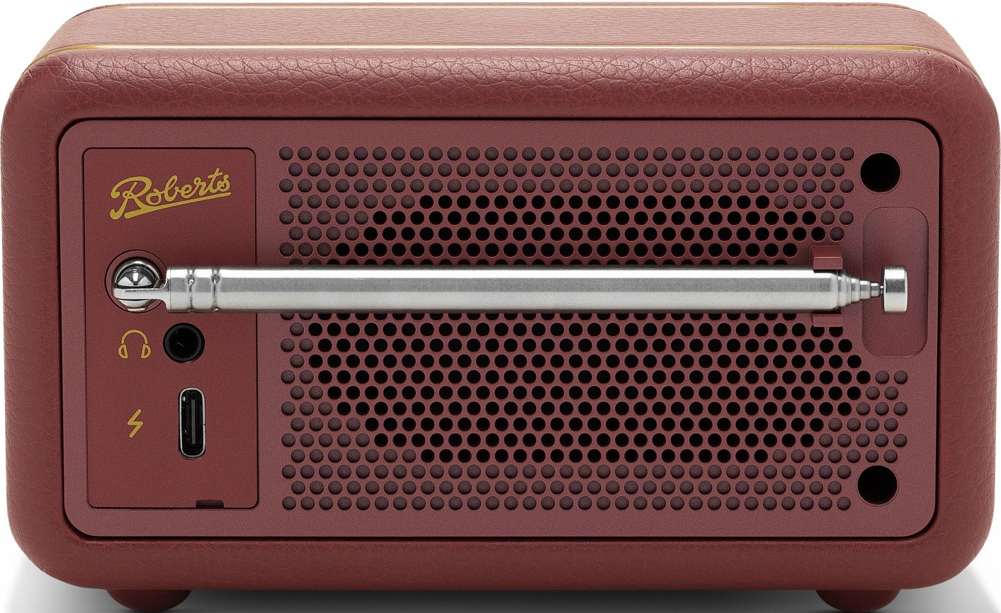 Arrière d'une radio rouge avec antenne argentée, prise casque et port USB-C.