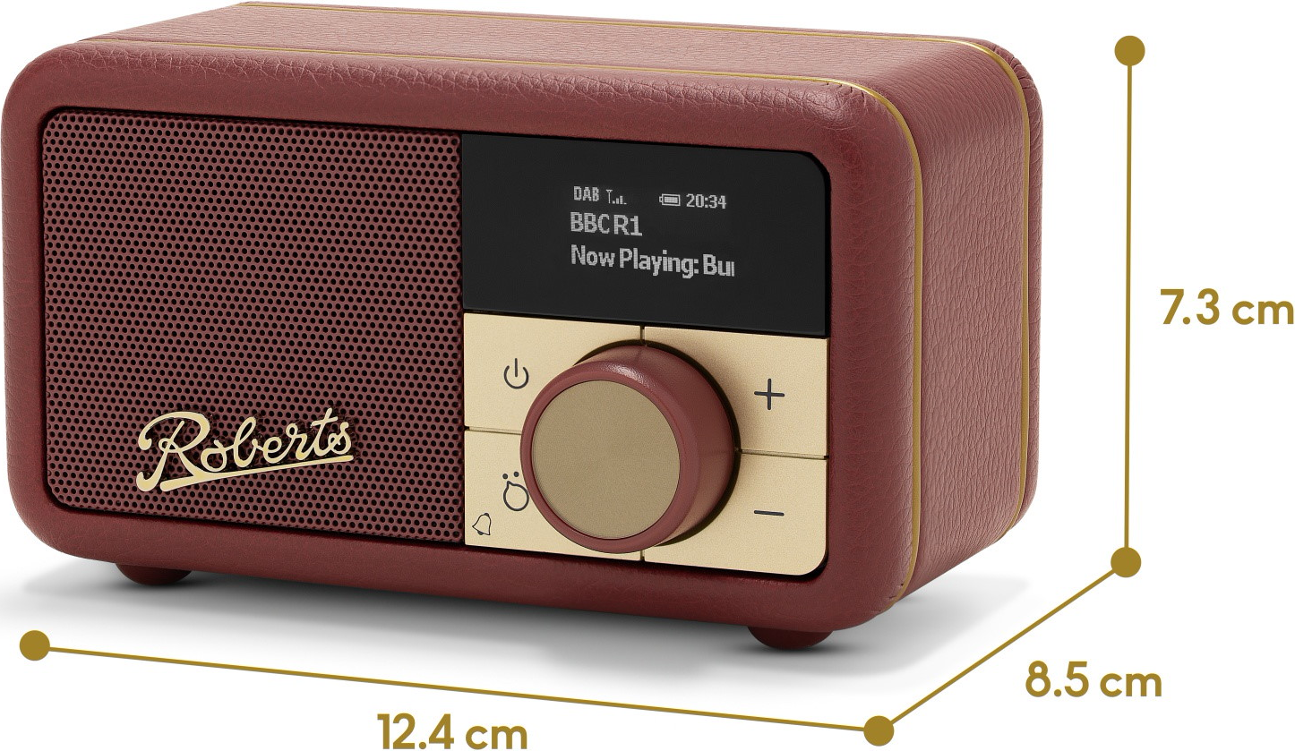 Une radio Roberts bordeaux avec des accents dorés et un écran numérique.