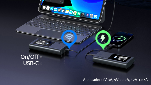 Se muestran una tableta con teclado, dos baterías externas y un teléfono.