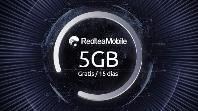 RedteaMobile 5GB gratis por 15 días sobre fondo oscuro.