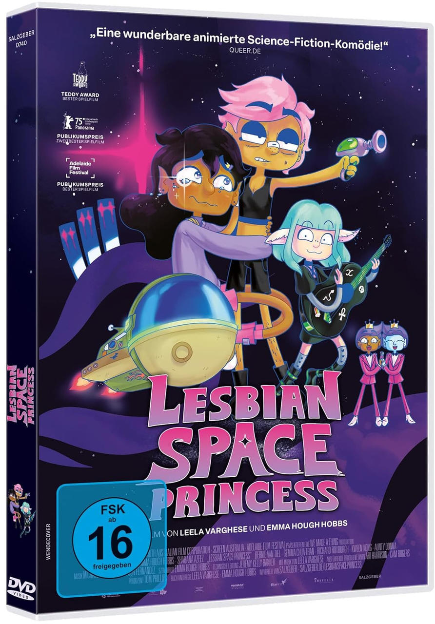 Animationsfilmcover: Drei Mädchen im Weltall, Titel 'Lesbian Space Princess'.