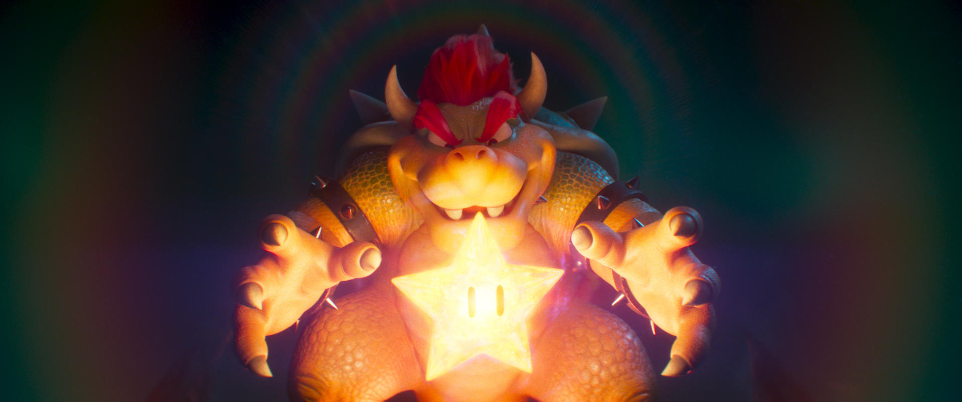 Bowser hält einen leuchtenden Stern in seinen Händen, mit roten Haaren und Stacheln.