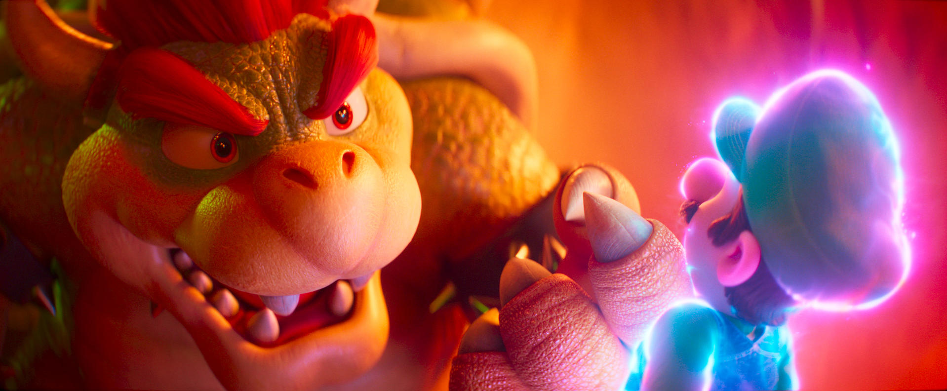 Bowser mit roten Haaren und Luigi im blauen Outfit mit leuchtendem Schein.