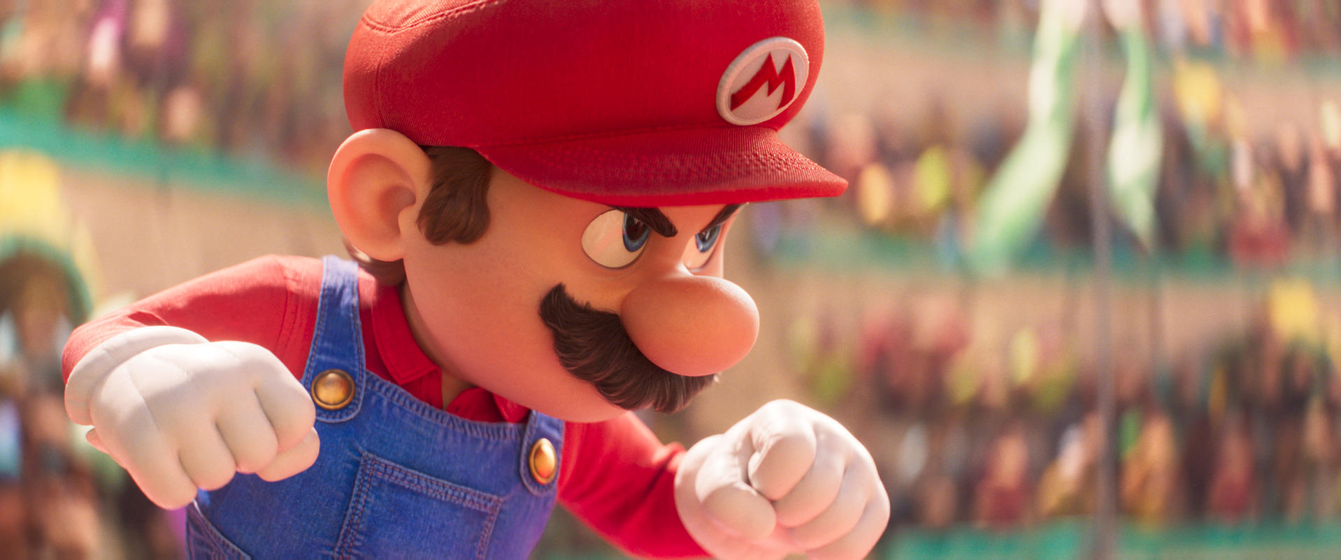 Mario trägt eine rote Mütze und Latzhose, er ballt die Fäuste.