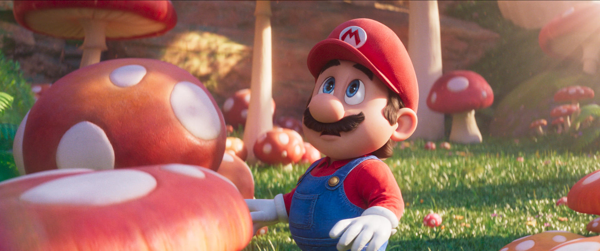Mario in Latzhose steht auf einer Wiese mit Pilzen. Rote Pilze mit weißen Punkten.