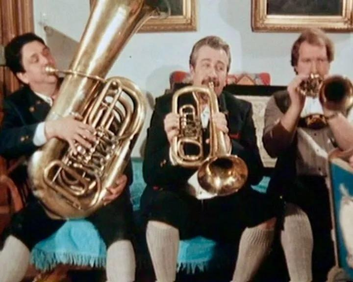 Drei Männer in Tracht spielen Blasinstrumente: Tuba, Flügelhorn und Trompete.