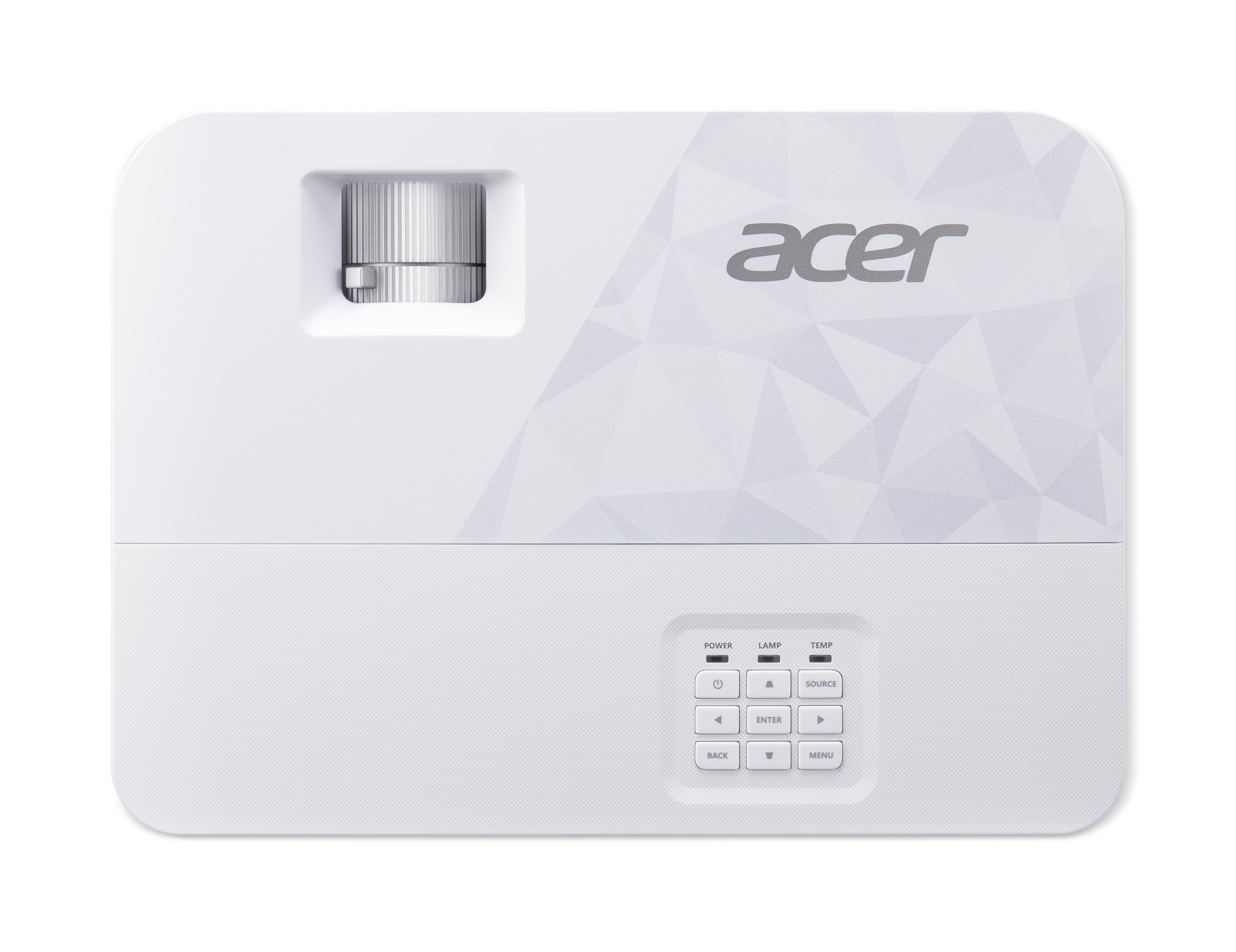 Ein weißer Acer-Projektor mit Linsen- und Bedienfeldansicht.