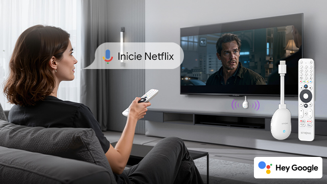 Una mujer usa un mando para iniciar Netflix. Un dispositivo de streaming está conectado.