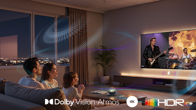 Familia viendo un concierto en un gran televisor con Dolby Vision y HDR+.