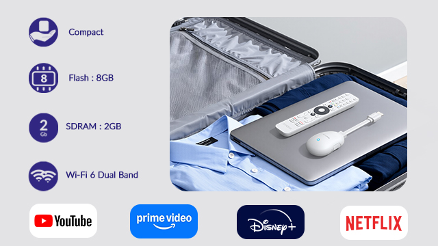 Un portátil, un mando y un dongle empaquetados en una maleta con ropa.