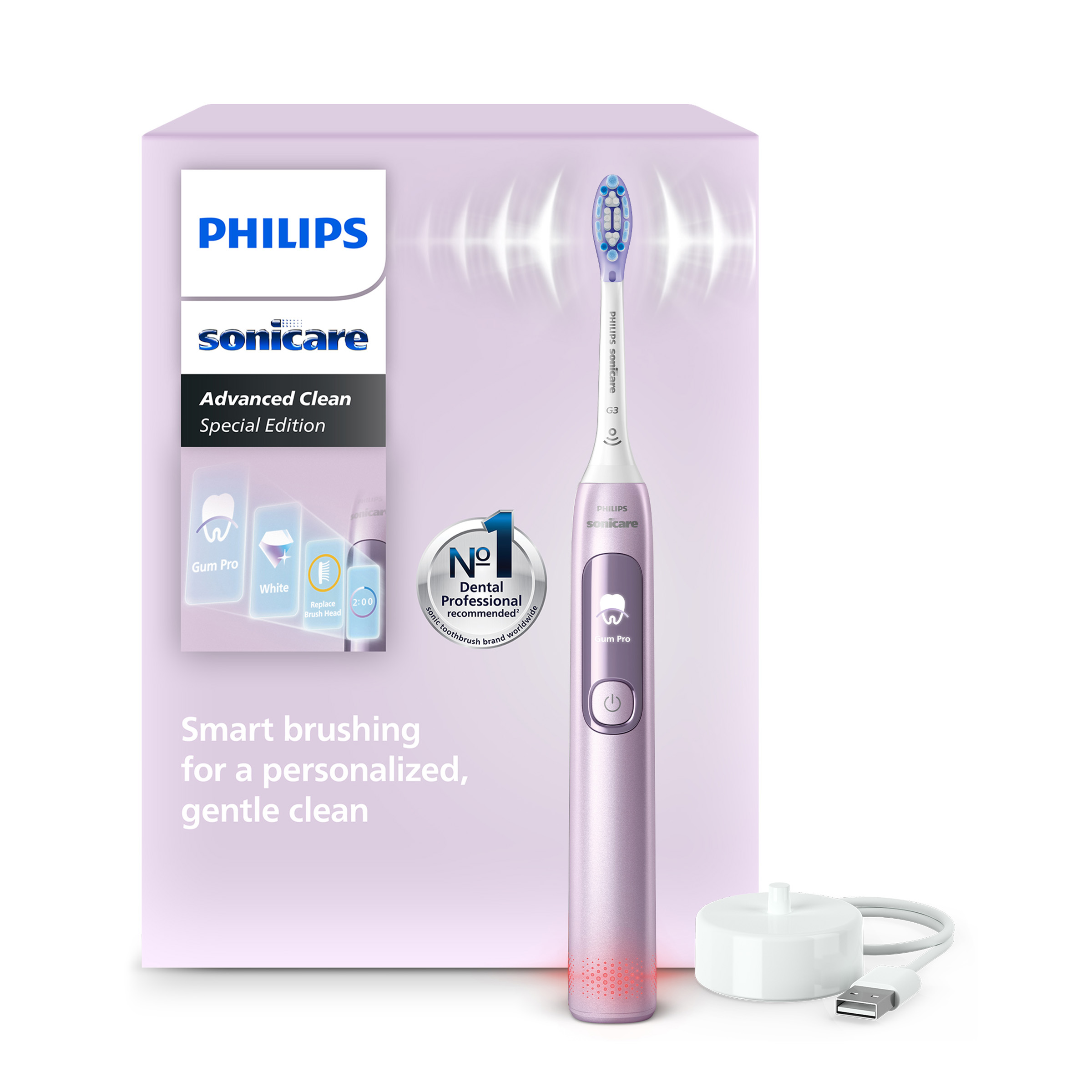 Różowa szczoteczka Philips Sonicare ze stacją ładującą.