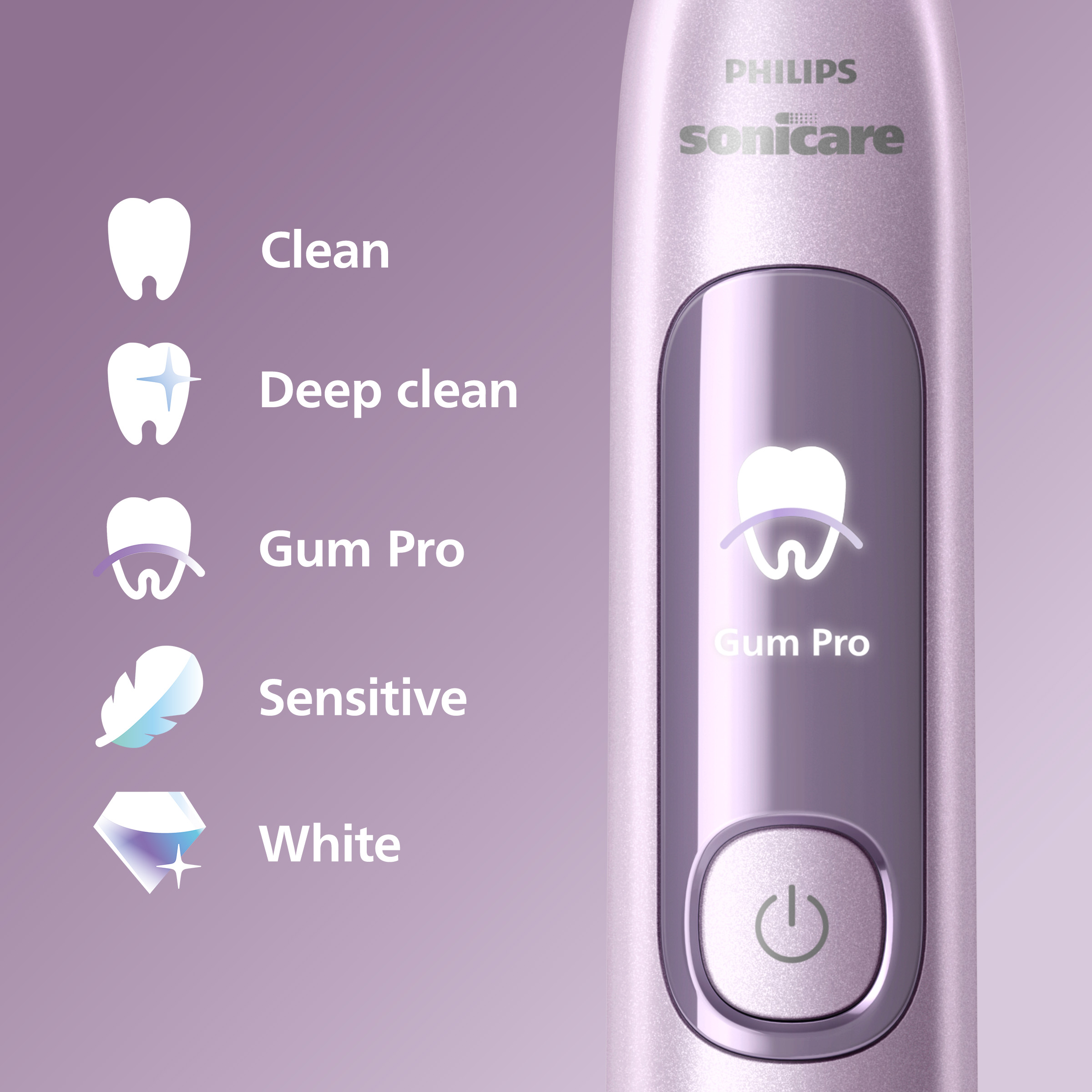 Fioletowa szczoteczka Philips Sonicare pokazująca 4 tryby: Clean, Deep Clean, Gum Pro, Sensitive, White.
