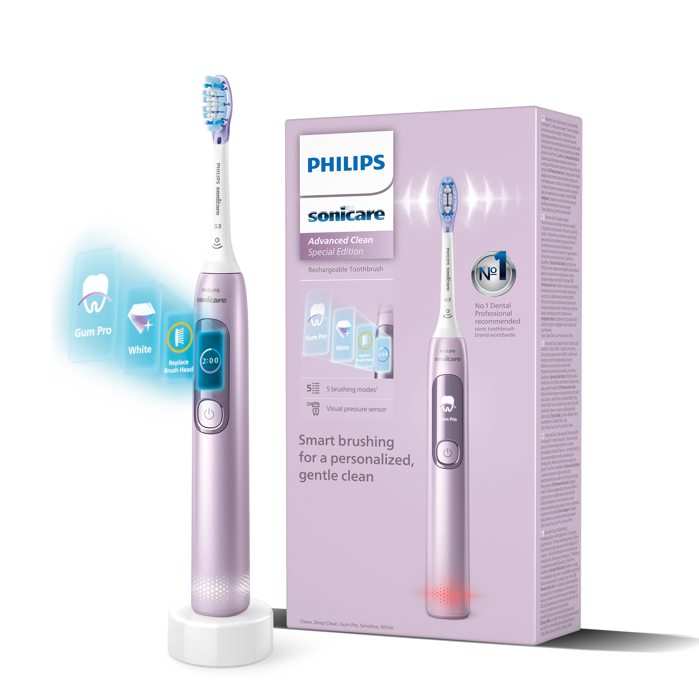 Fioletowa szczoteczka Philips Sonicare z opakowaniem, pokazująca tryby czyszczenia.