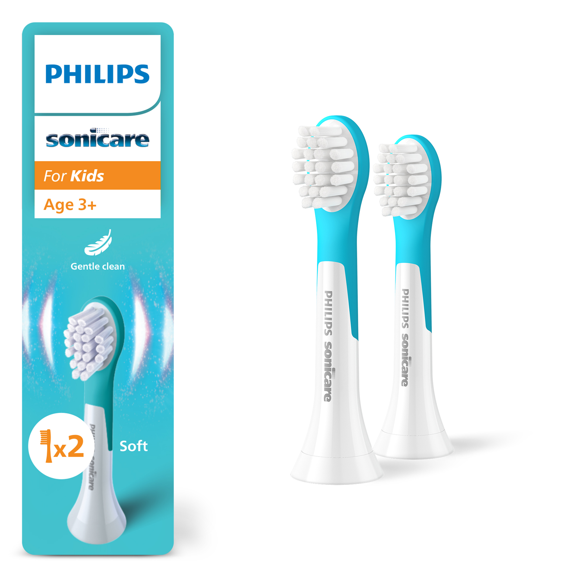 Dwie końcówki do szczoteczki Philips Sonicare dla dzieci, niebiesko-białe, miękkie.
