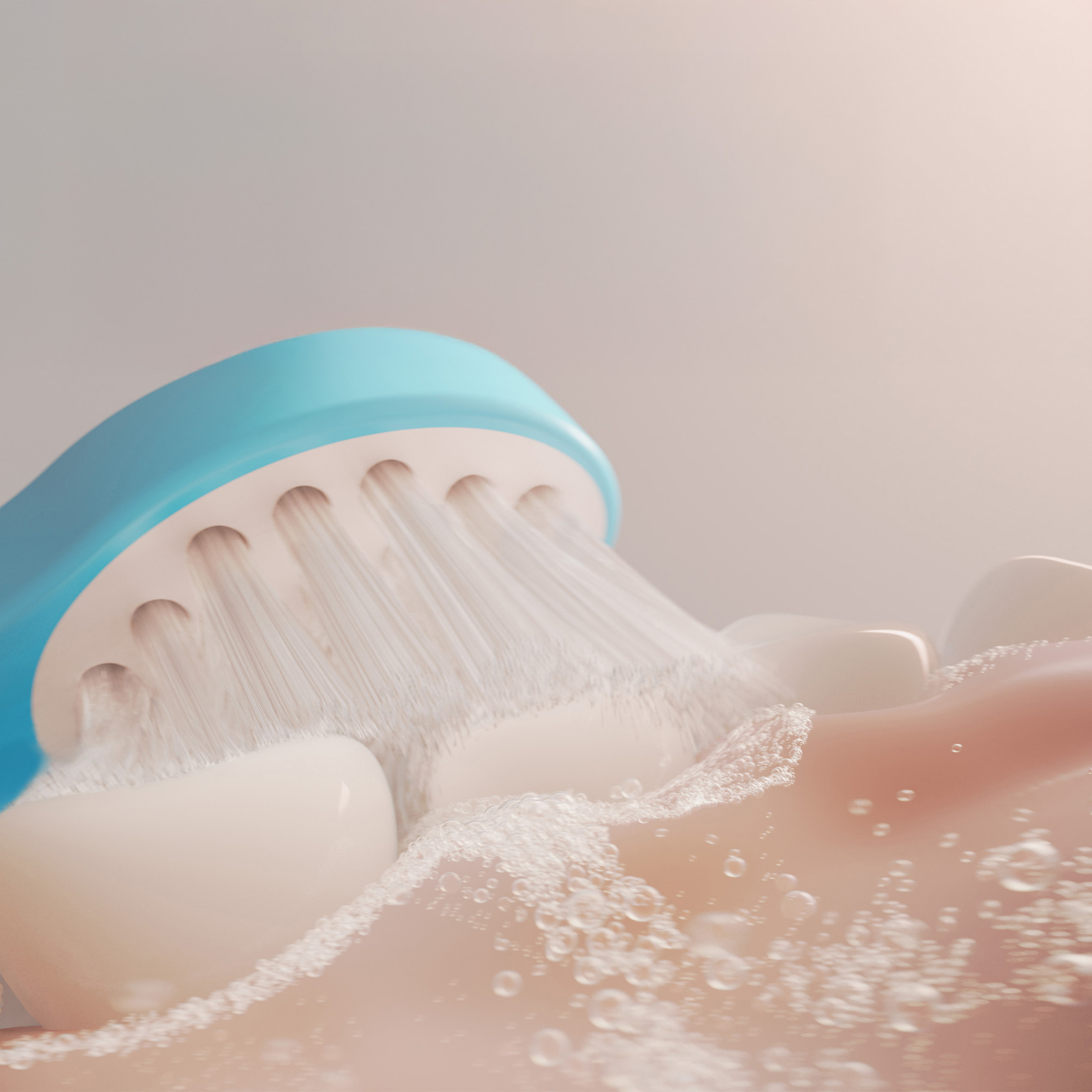 Niebieska szczoteczka do zębów czyści białe zęby w piance.