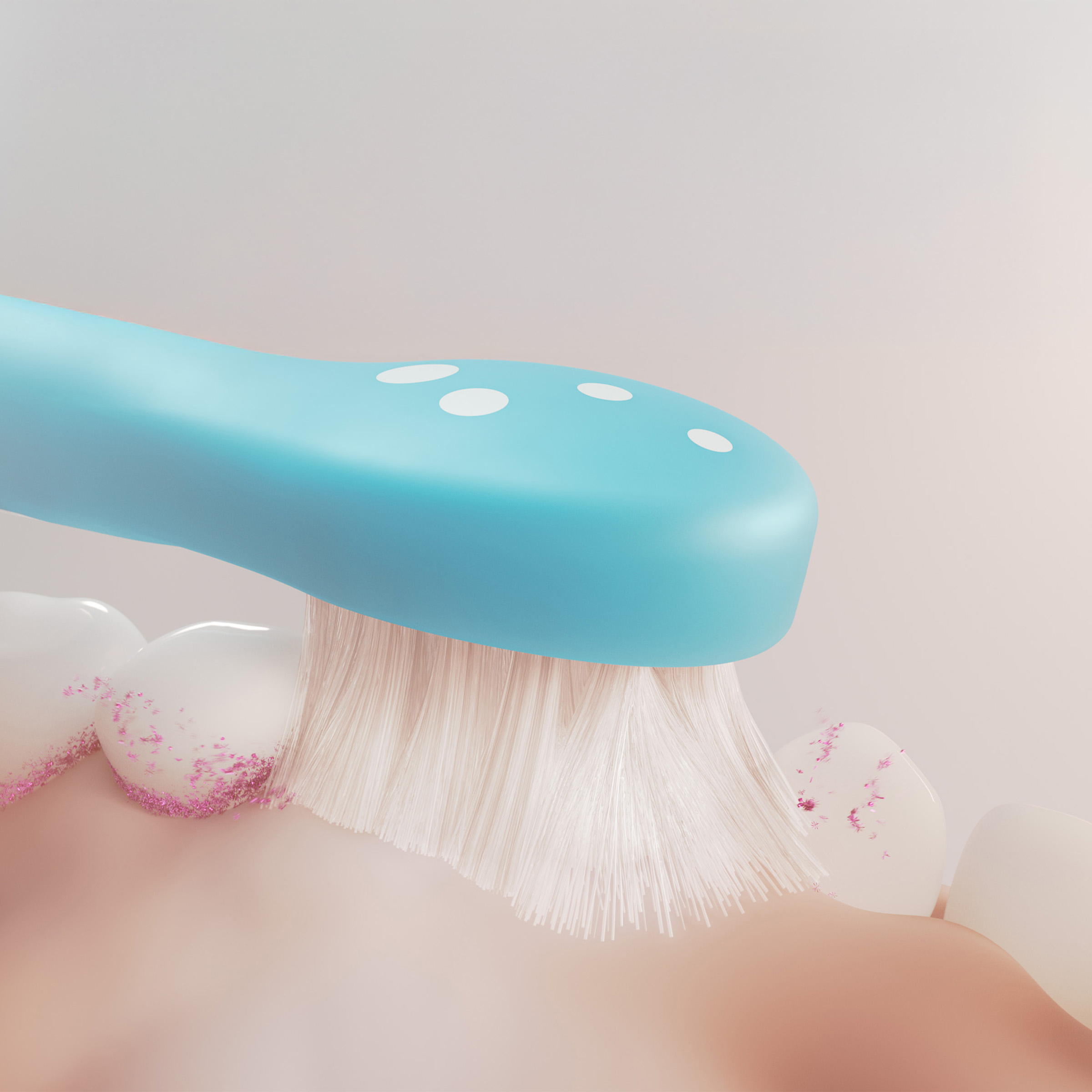 Jasnoniebieska szczoteczka czyści białe zęby z różowymi cząsteczkami.