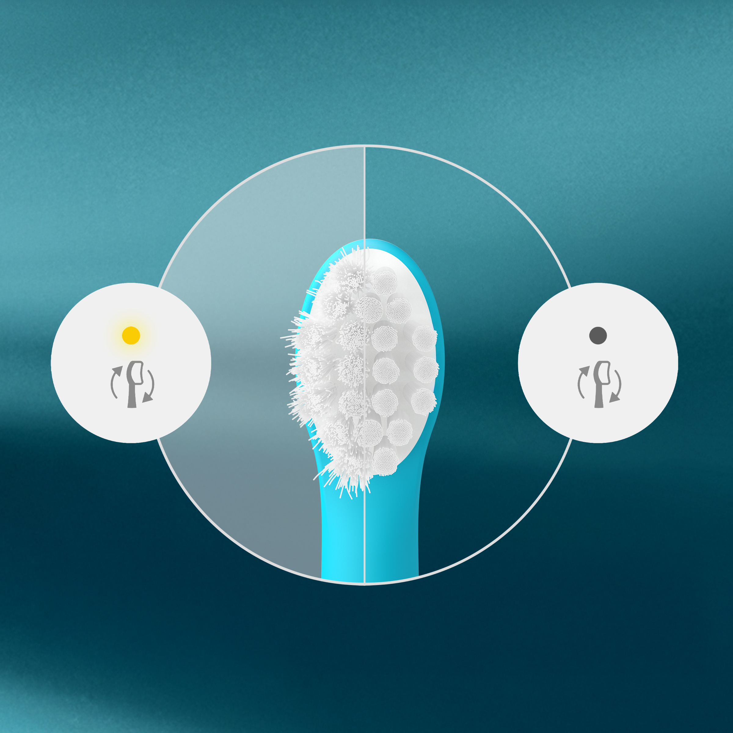 Niebieska szczoteczka do zębów z podzieloną główką i ikonami.