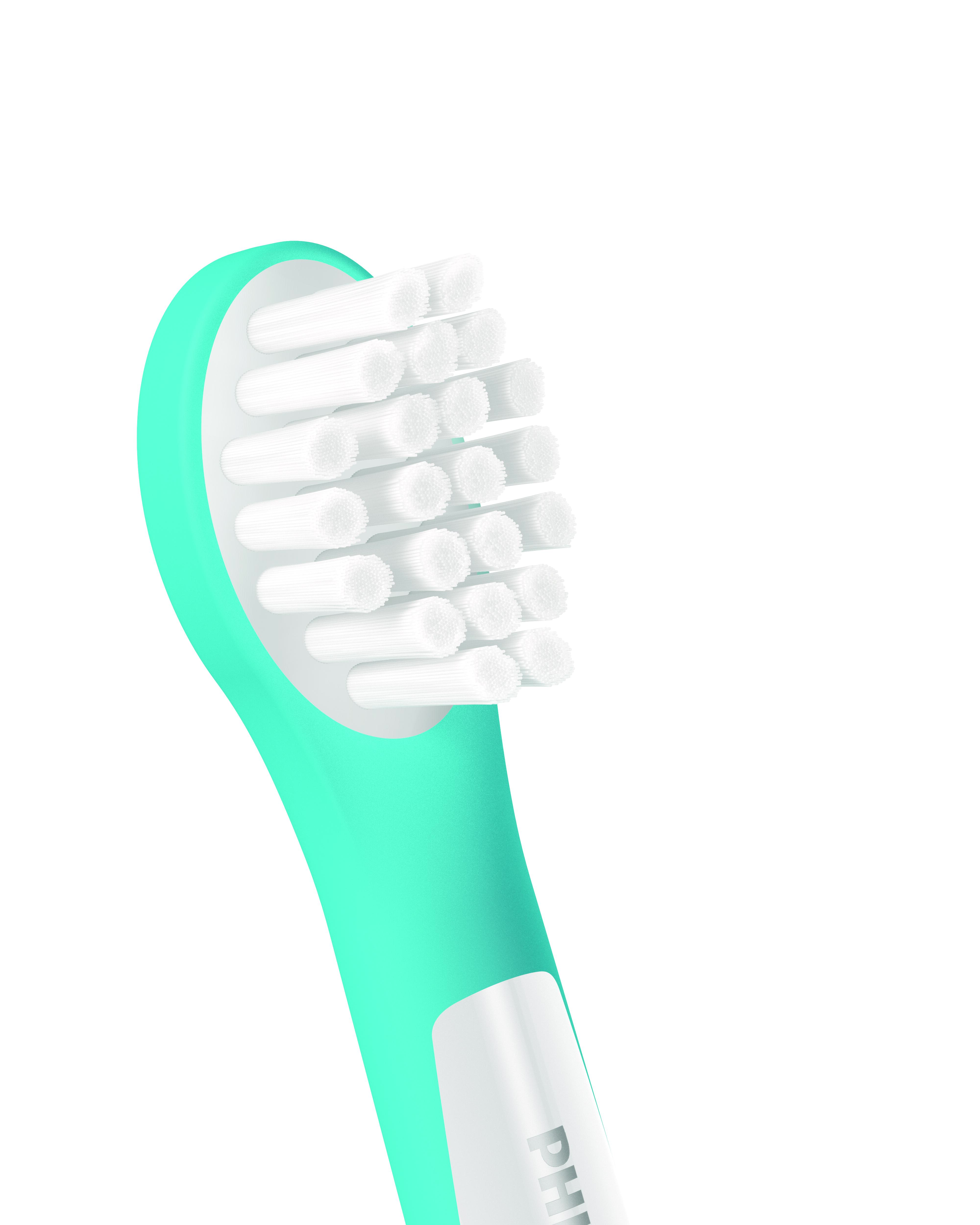 Turkusowa główka szczoteczki do zębów z białym włosiem na białym tle.