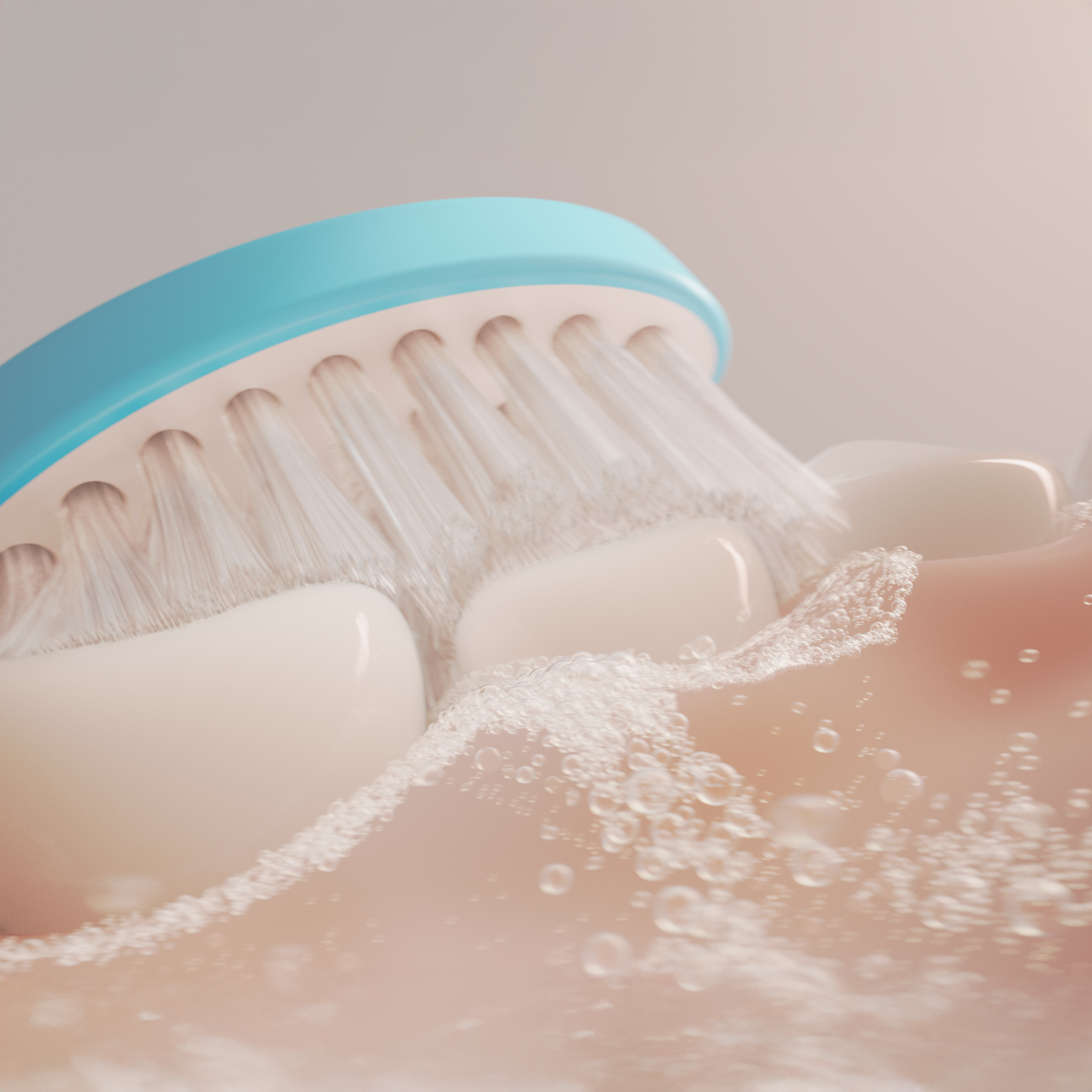 Niebieska szczoteczka czyści białe zęby pianą i bąbelkami.