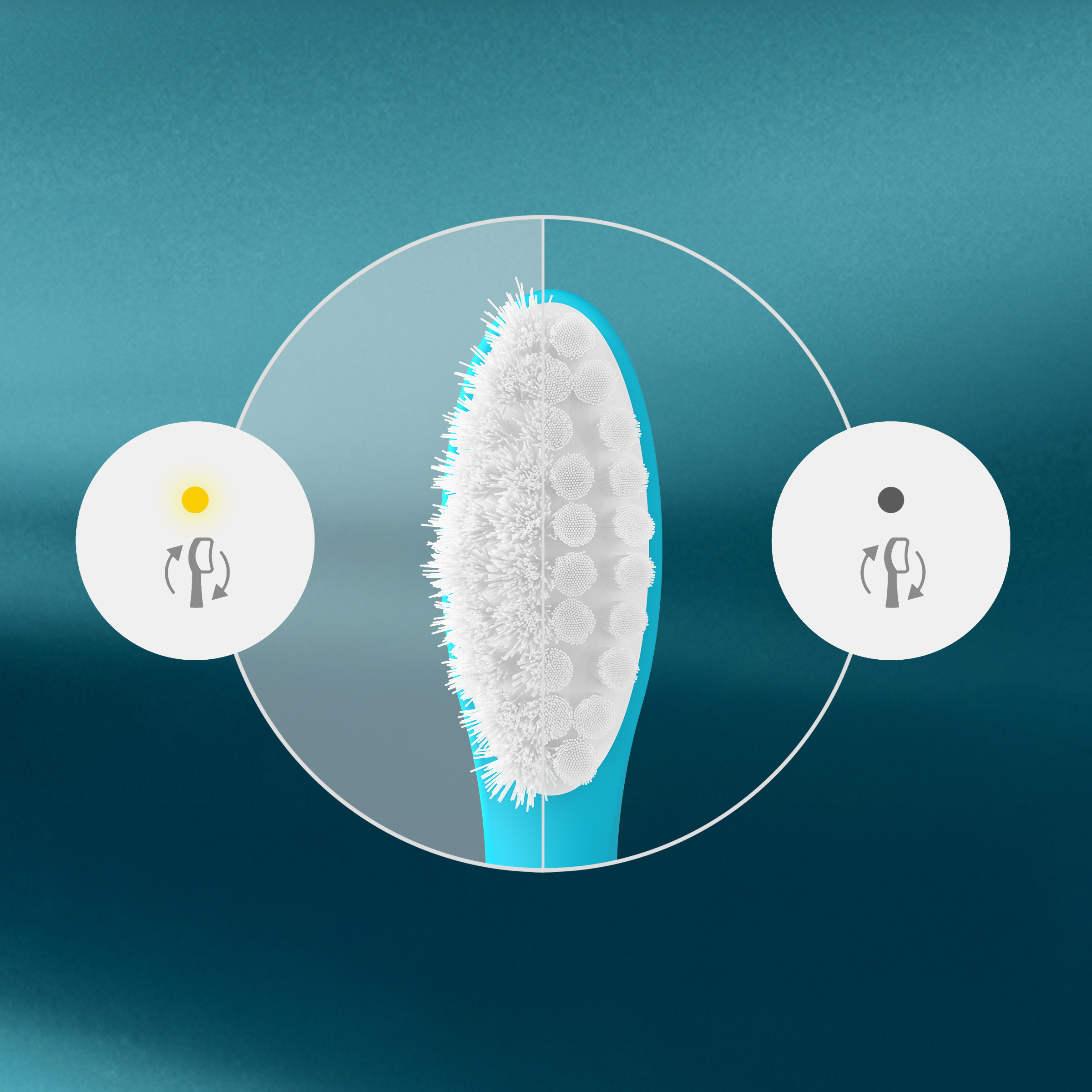 Niebieska szczoteczka do zębów z dwoma rodzajami włosia i symbolami.