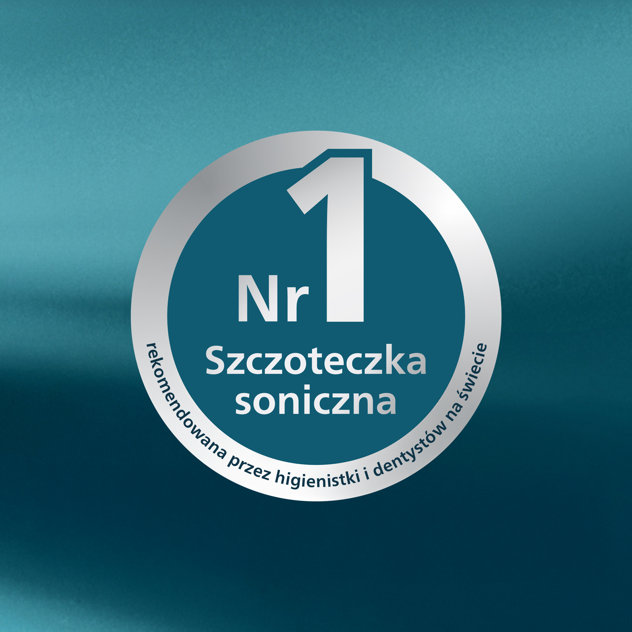 Logo z numerem 1, szczoteczka soniczna, polecana przez dentystów.