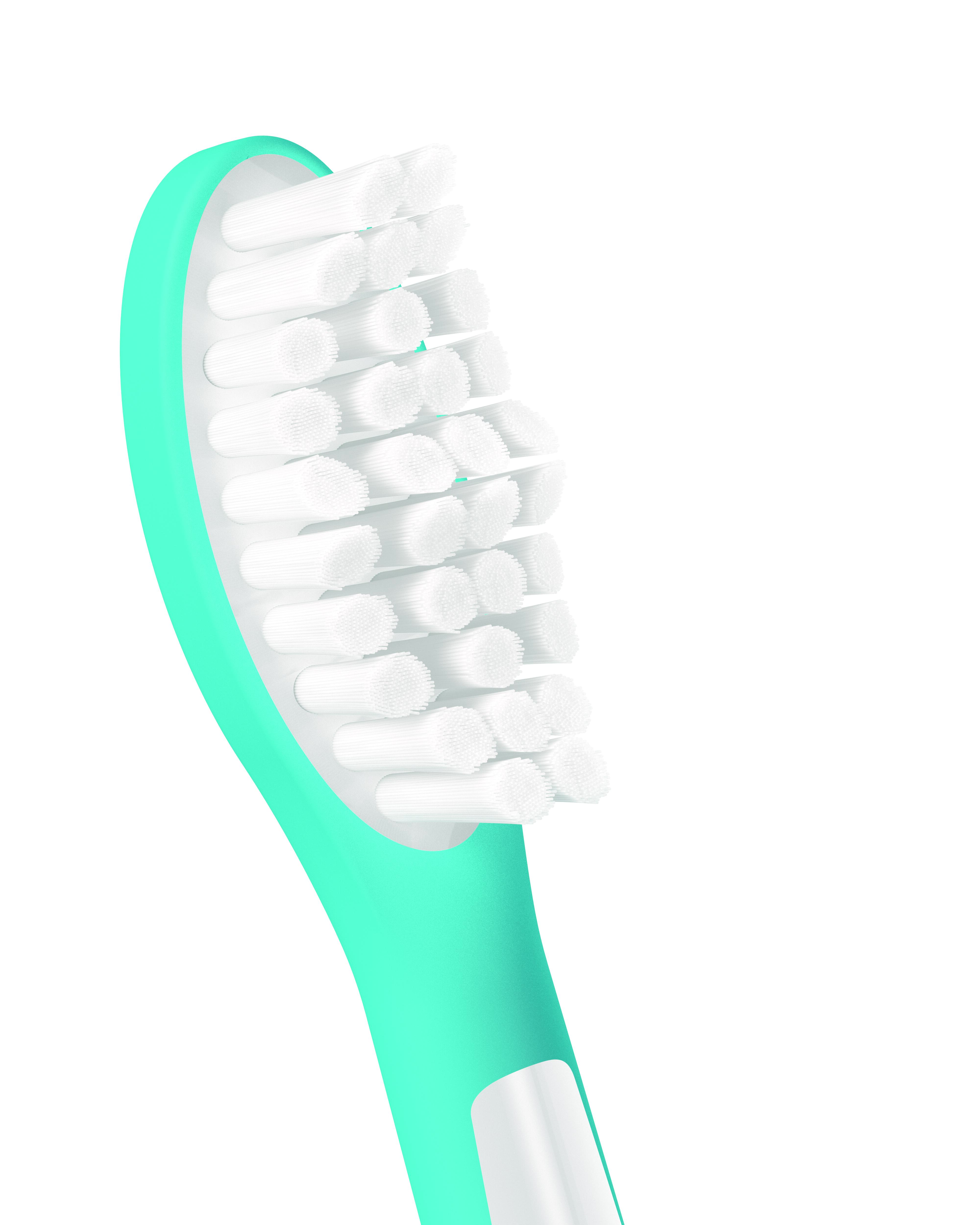 Zbliżenie główki niebieskiej szczoteczki do zębów z białym włosiem.