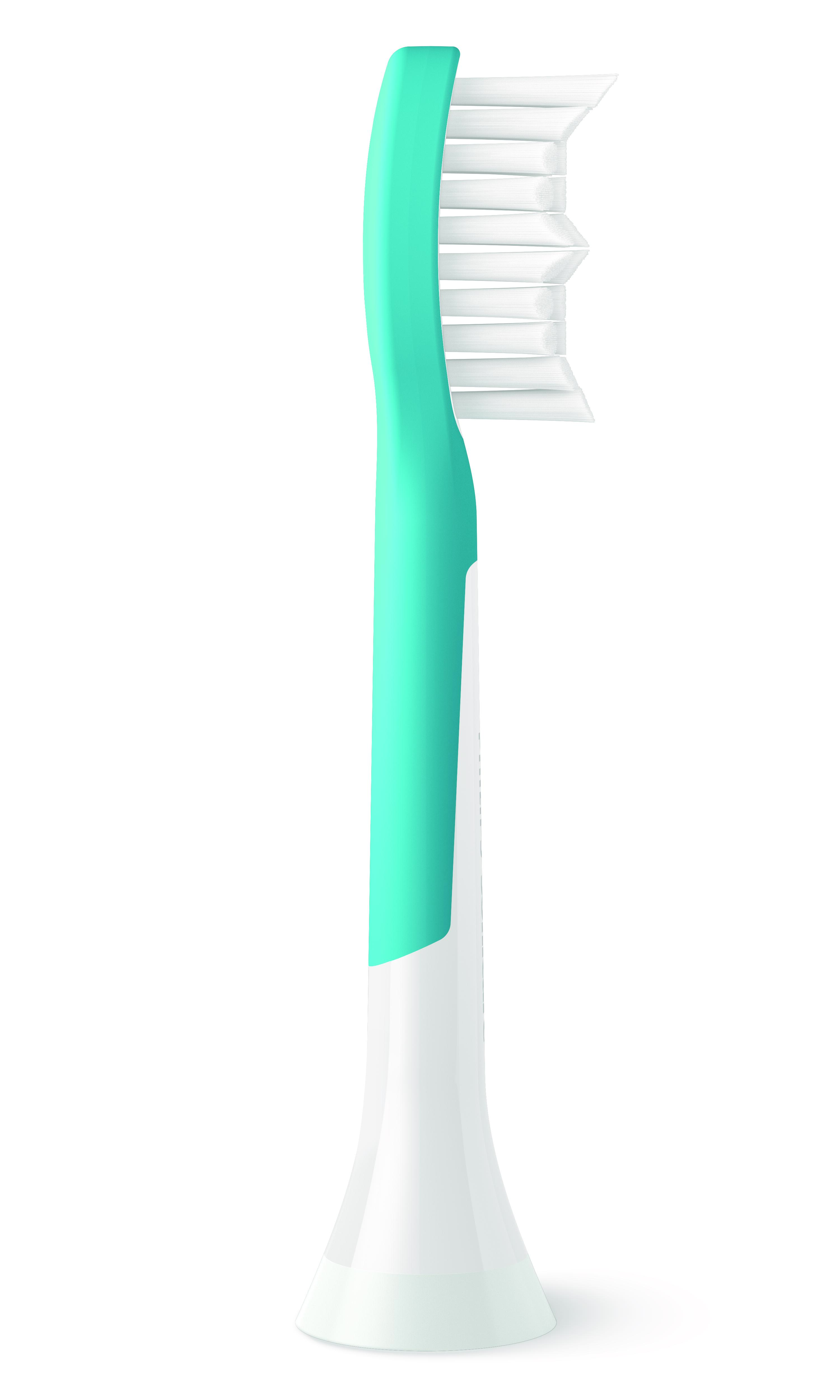 Turkusowa główka szczoteczki do zębów z białym włosiem i białym uchwytem.
