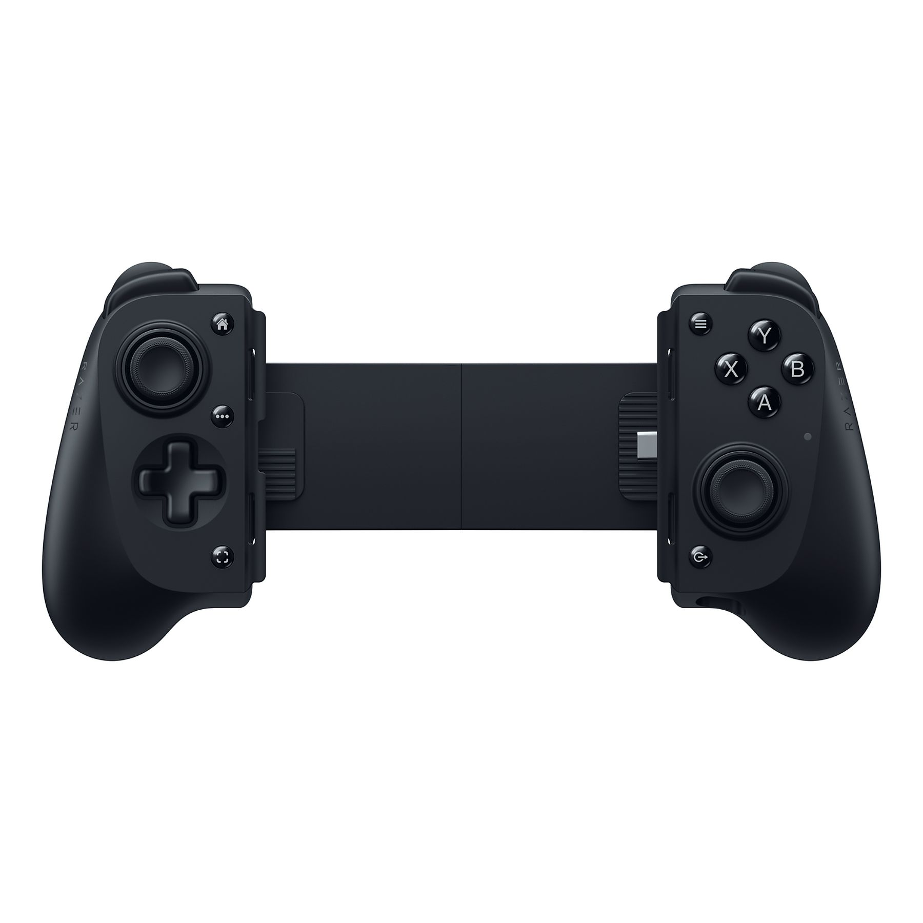 Un controlador de juegos móvil negro con dos agarres y una barra telescópica.