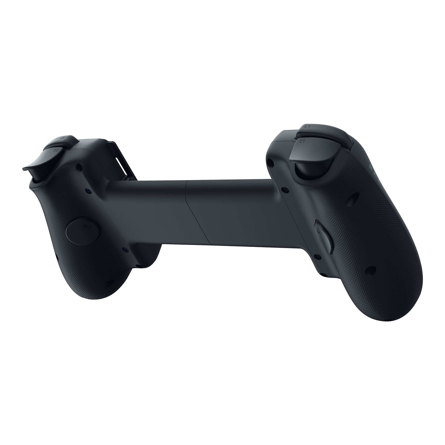 Mando de juegos negro con agarres ergonómicos y botones.