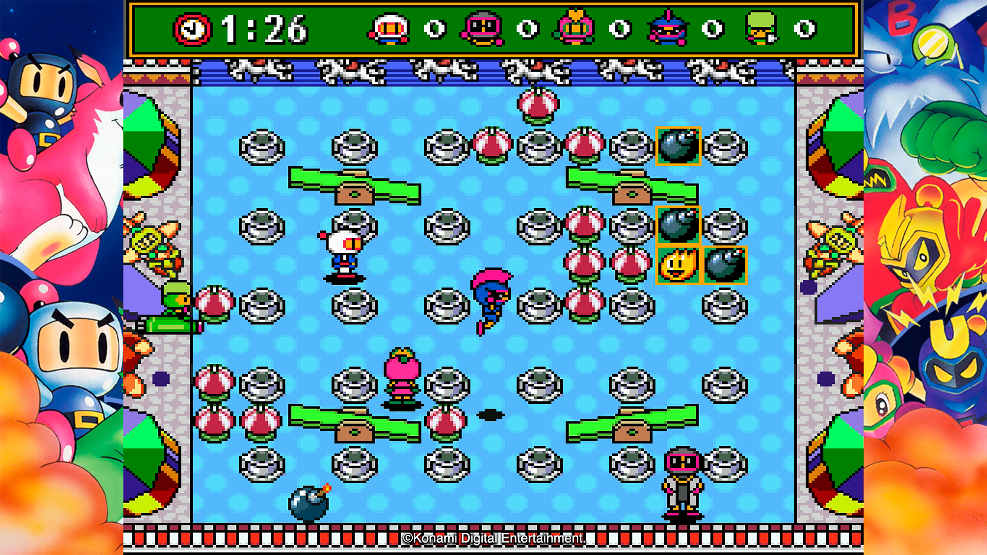 Pantalla de juego de píxeles con bombas y personajes, arena azul.