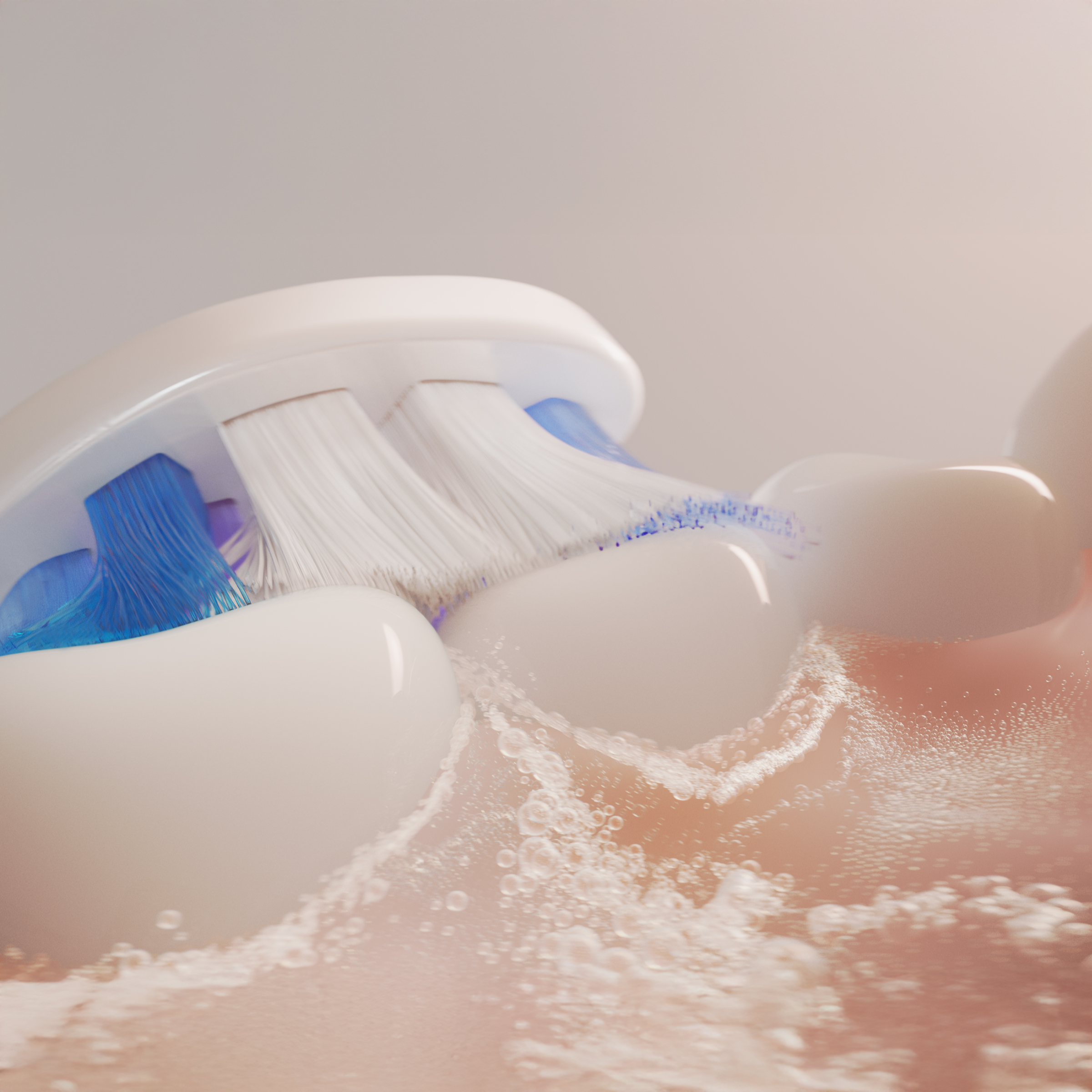 Elektryczna szczoteczka czyści białe zęby pianą i bąbelkami.