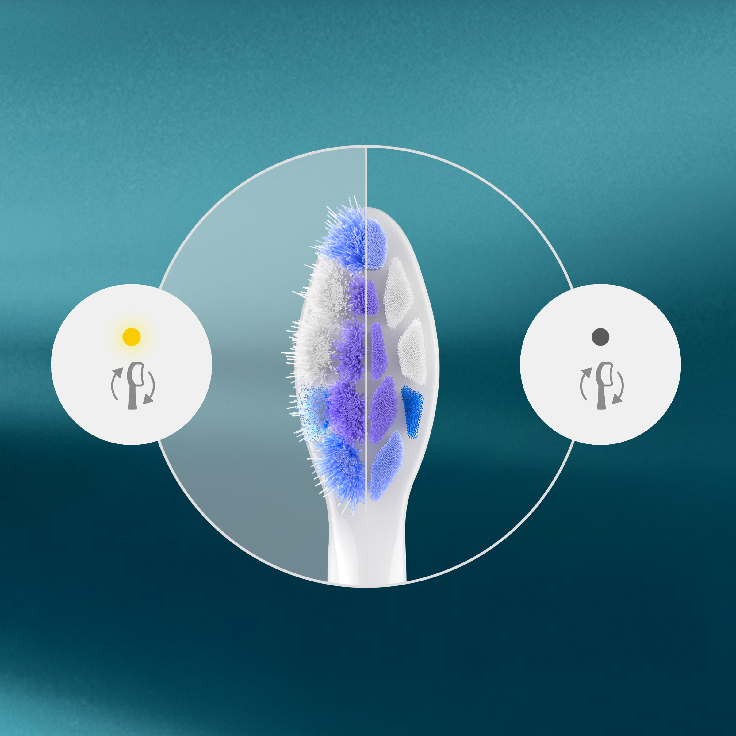 Główka szczoteczki do zębów z niebieskim i białym włosiem, obok ikon.