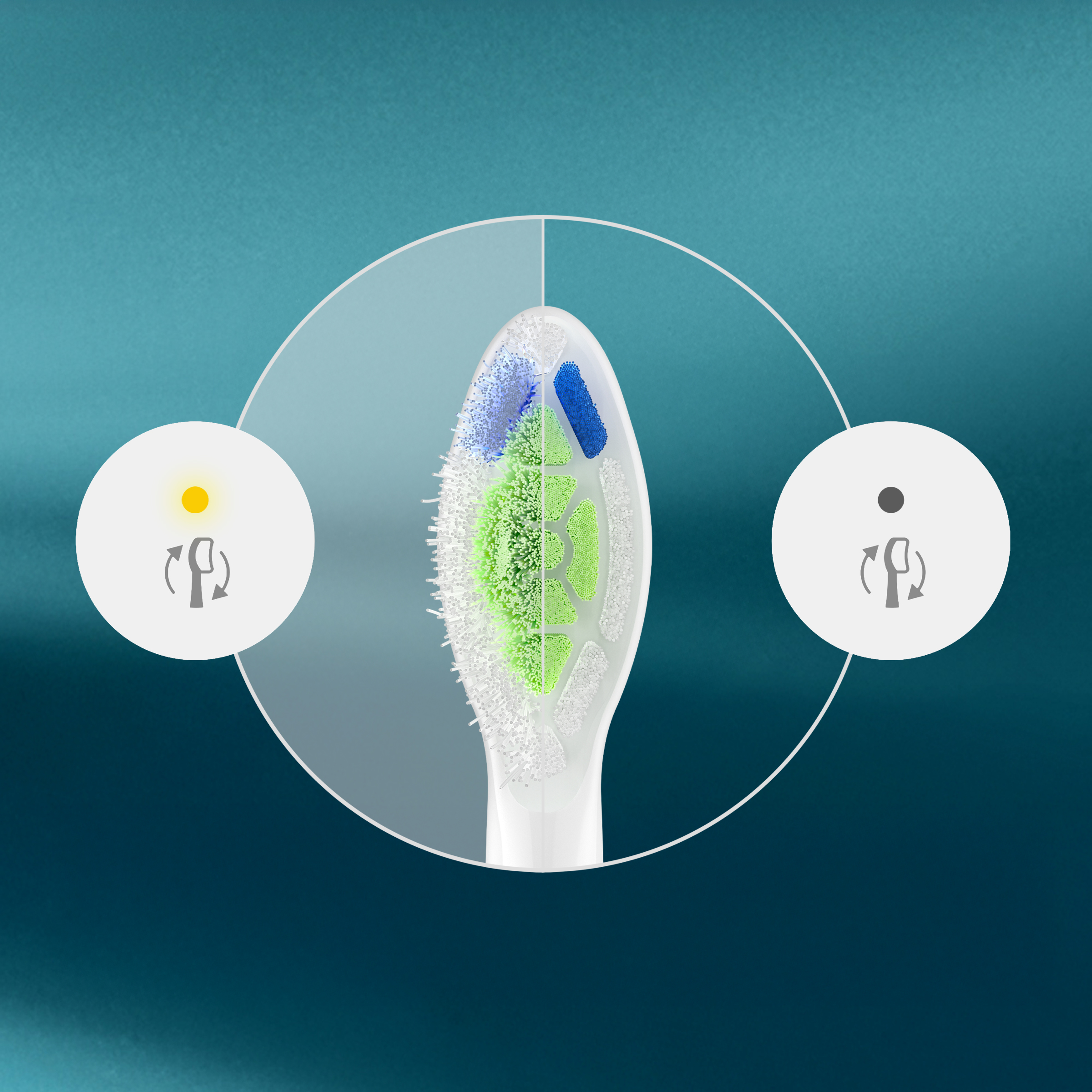 Główka szczoteczki do zębów z zielonymi i niebieskimi włoskami, ikony po bokach.