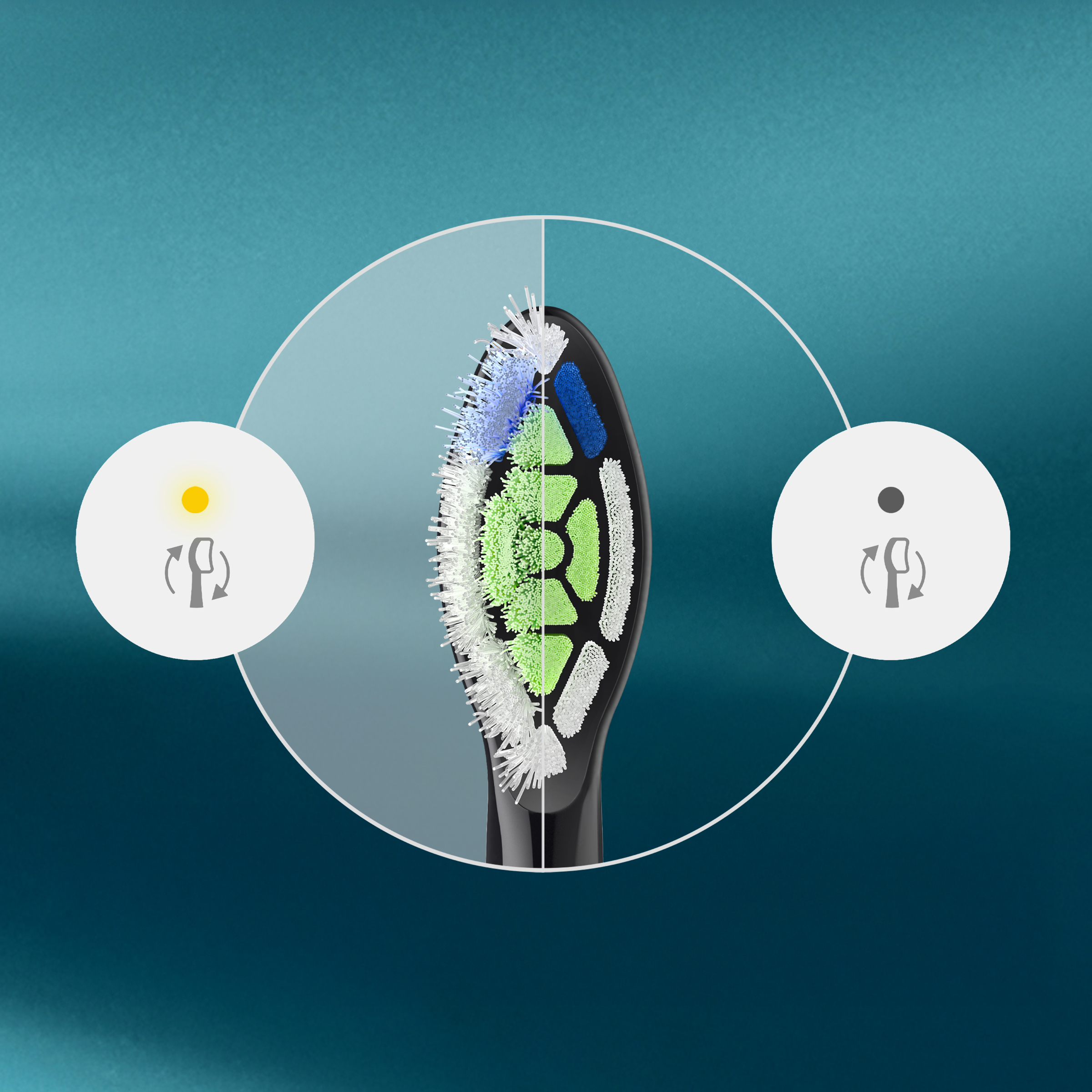 Szczoteczka elektryczna z kolorowym włosiem i symbolami po bokach.