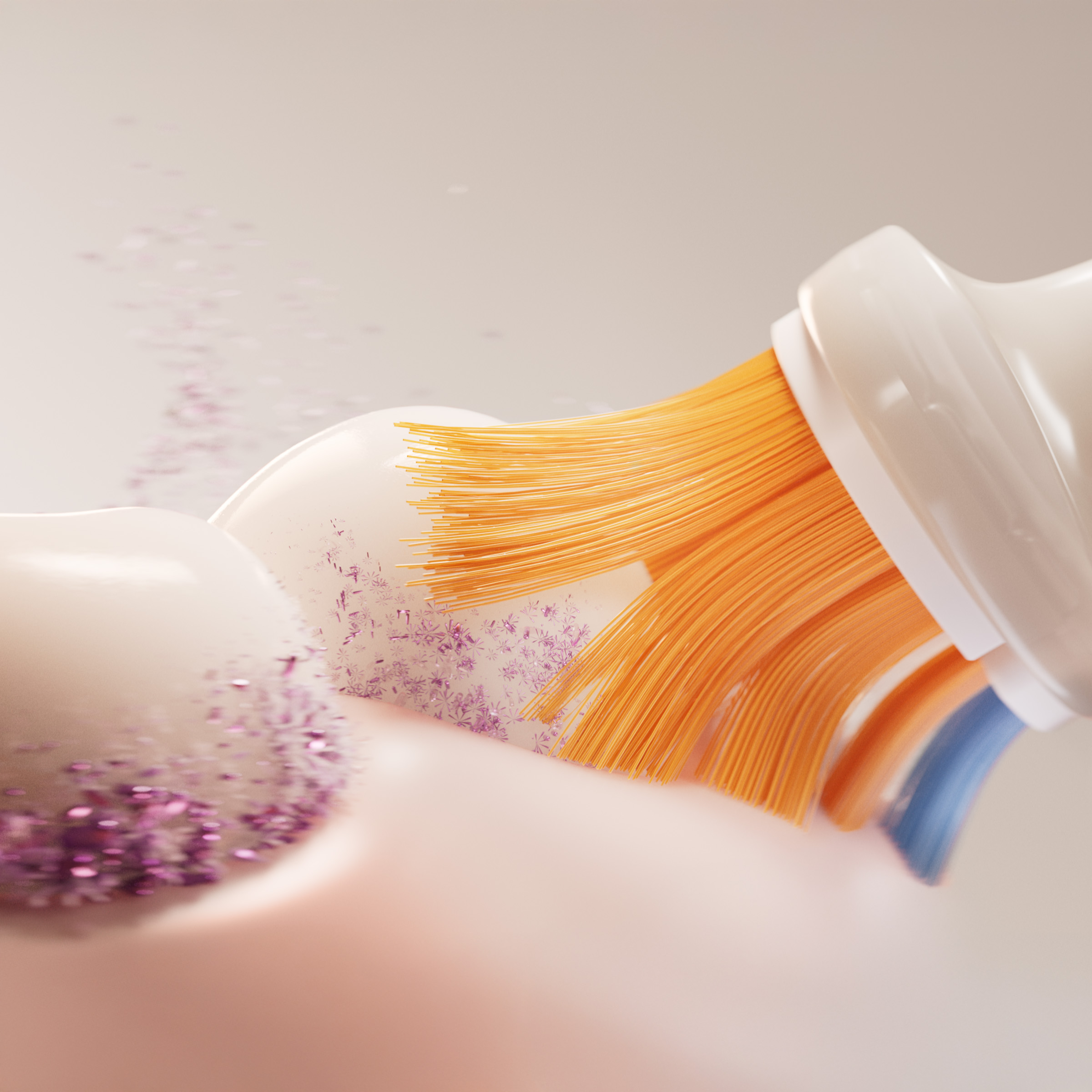 Szczoteczka do zębów z pomarańczowym włosiem czyści ząb. Widoczne są fioletowe cząsteczki.