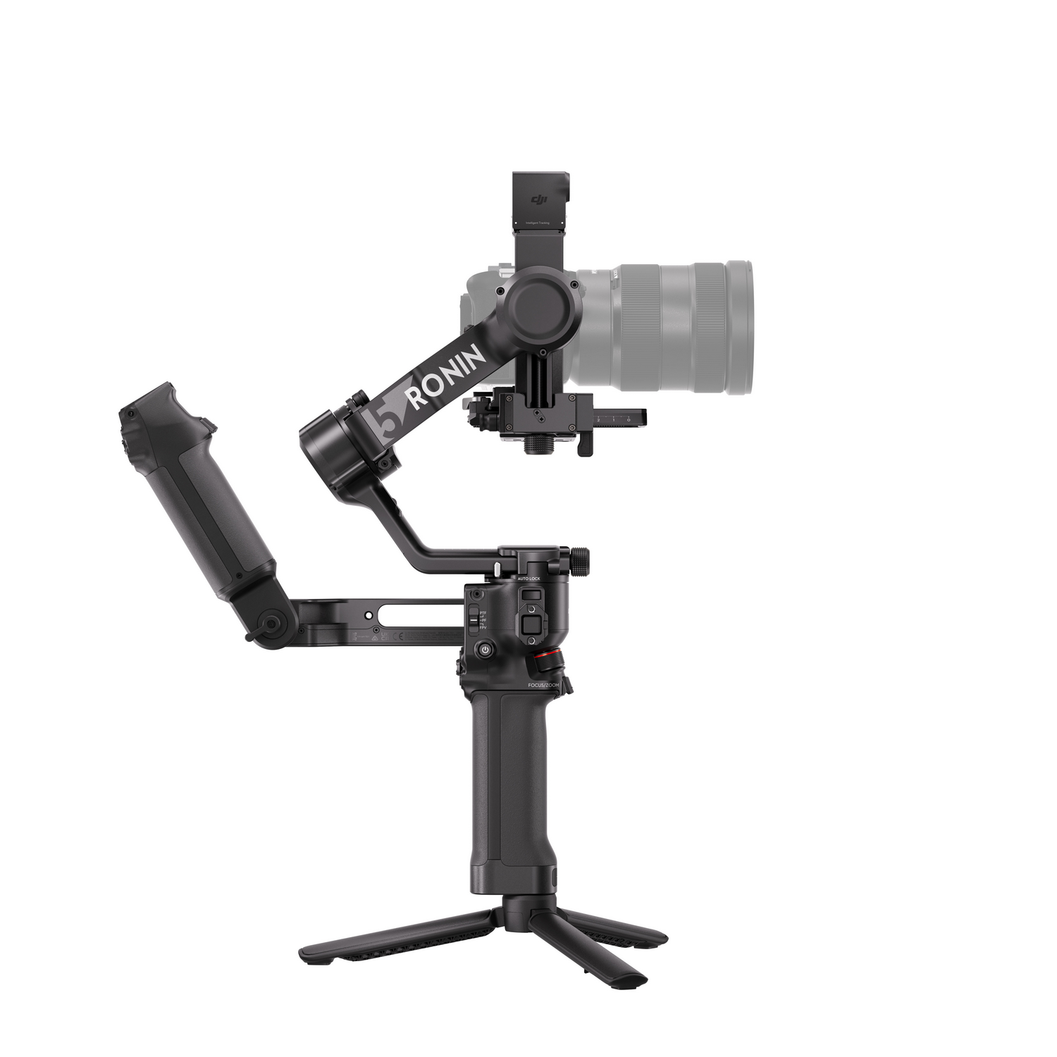 Gimbal de cámara gris y negro con lente, montado en un trípode.
