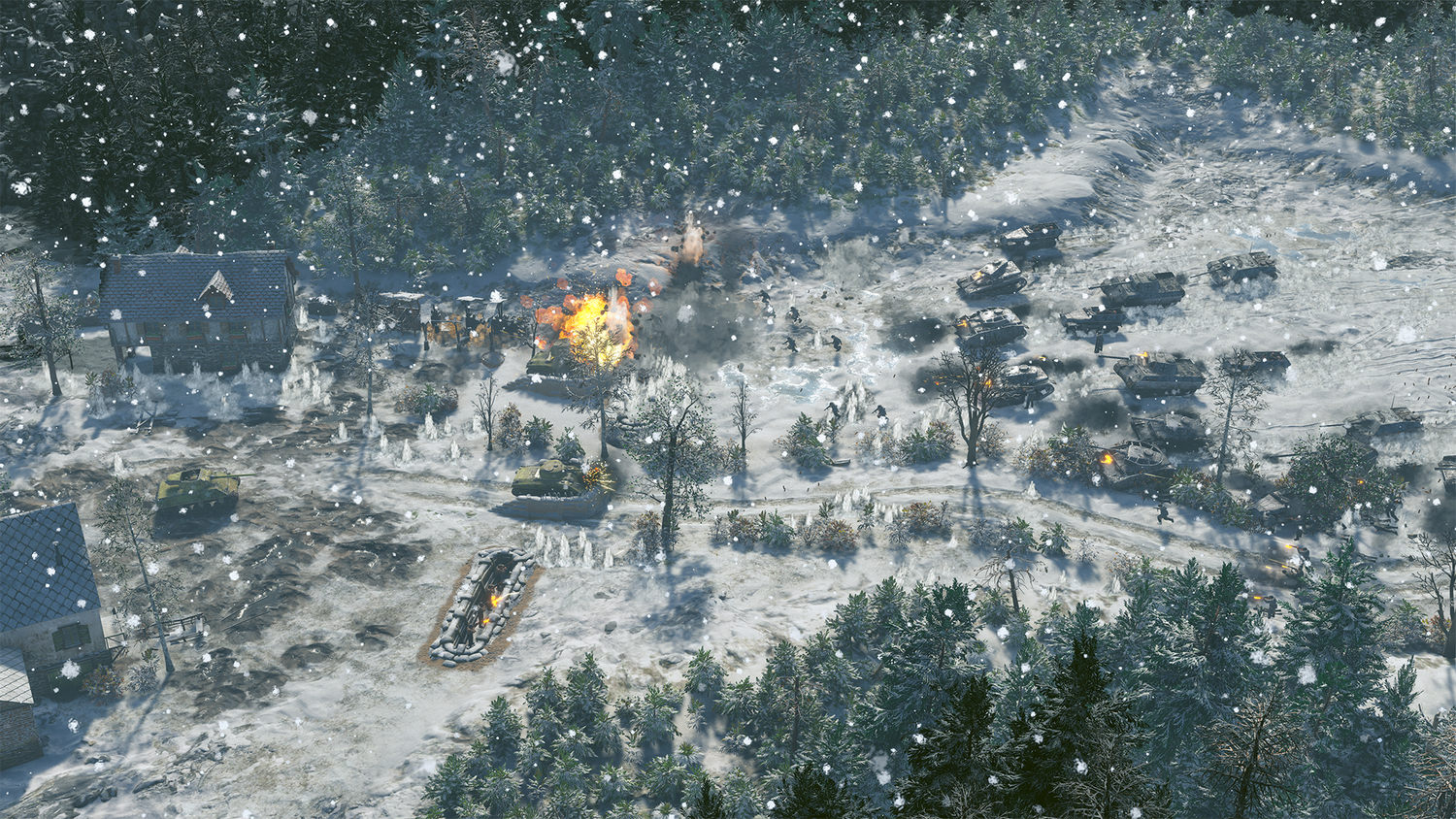 Batalla invernal con tanques y explosiones cerca de casas.