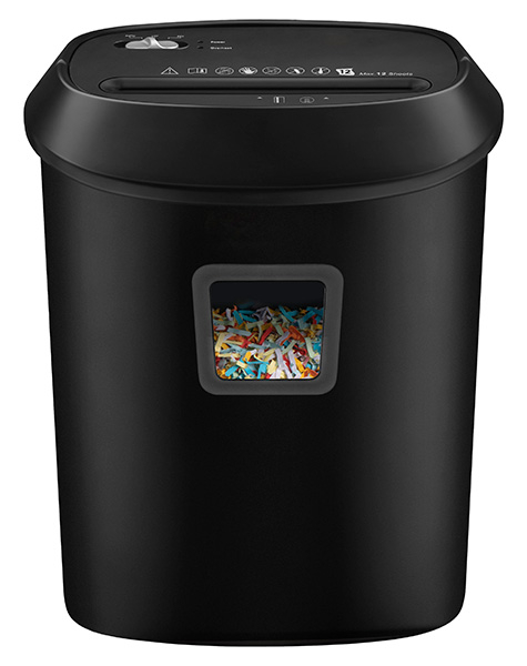 Czarna niszczarka do papieru z okienkiem pokazującym kolorowy papier.