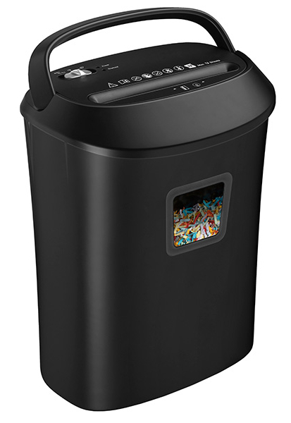 Czarna niszczarka do papieru z uchwytem i oknem pokazującym pocięty papier.