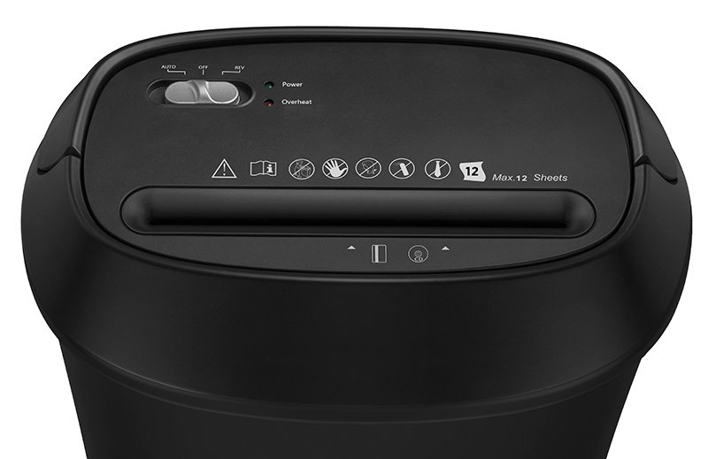 Czarna niszczarka do papieru z przyciskami sterującymi i ikonami ostrzeżeń.