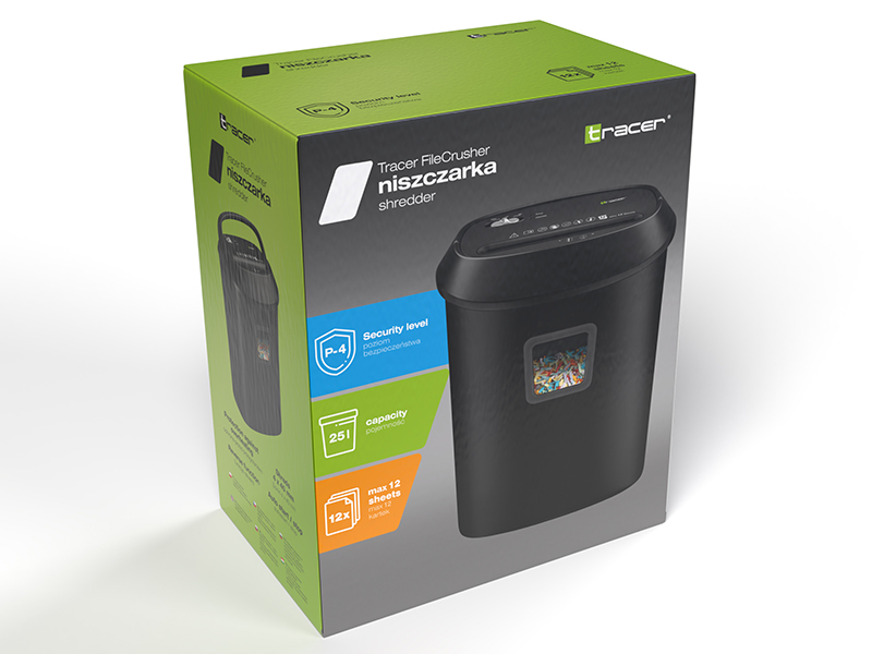 Pudełko czarnej niszczarki, poziom bezpieczeństwa P-4, pojemność 12 kartek.