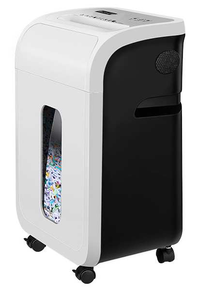 Biała i czarna niszczarka do papieru z kółkami i okienkiem pokazującym pocięty papier.